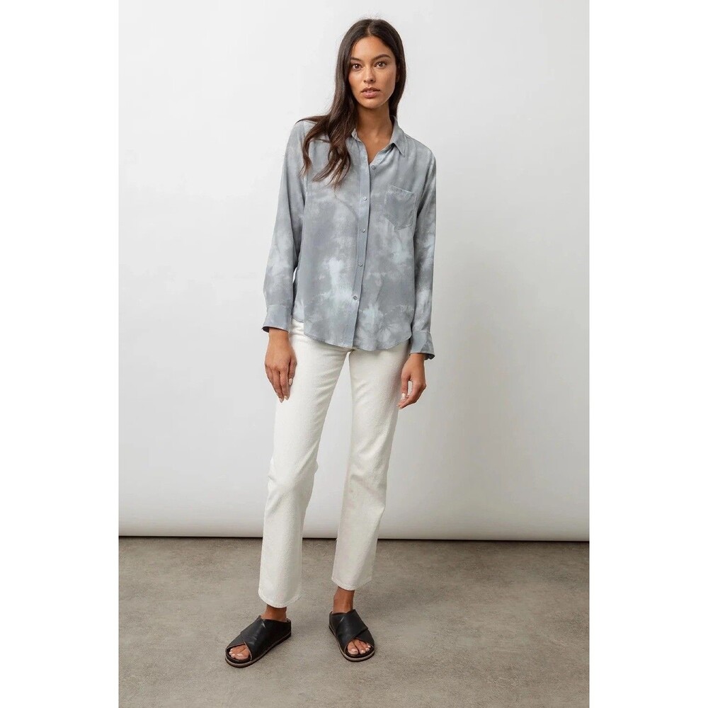 Rails Women's Kate Shirt 100% Silk Button Up Blouse Silky Grey Storm Tie Dye M